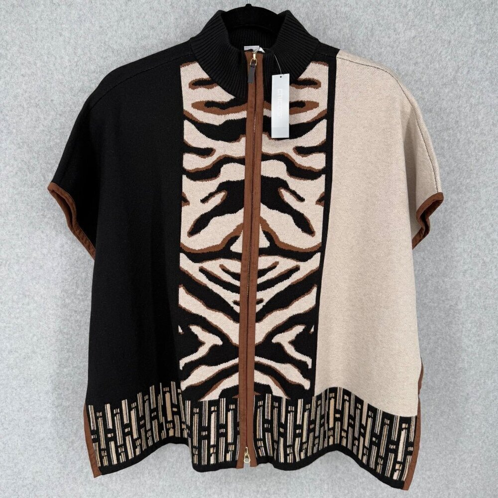 Chicos Mixed Print Faux Suede Trim Ruana Size XXS/XS Oversized Layer Sweater NEW